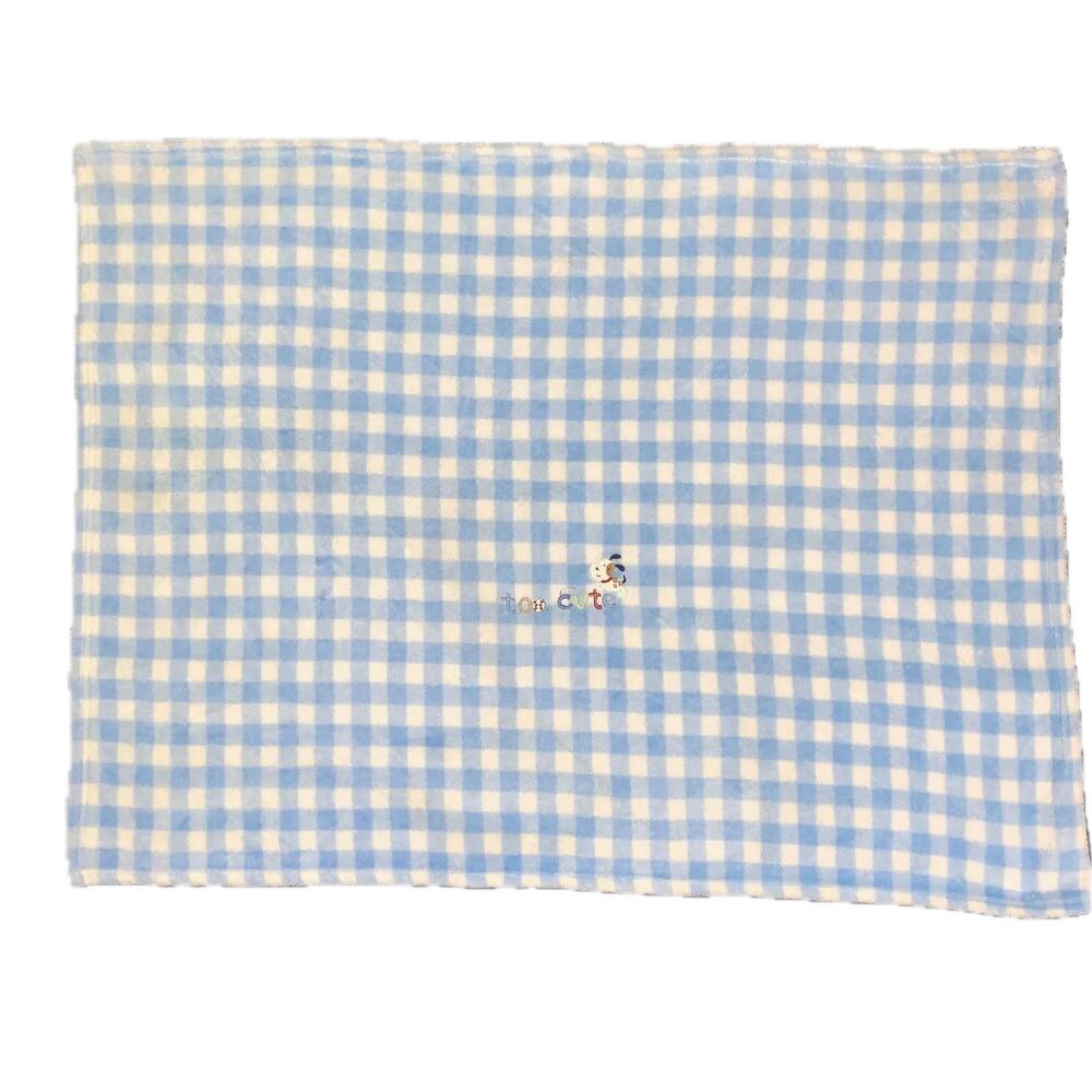 Carters Too Cute Blanket Puppy Dog Blue‎ White Check Plaid Gingham Just One Year